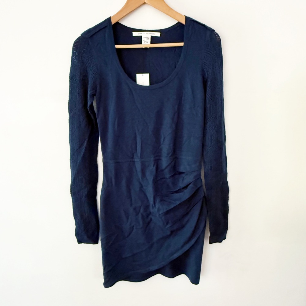 NWT Diane von Furstenberg Dress Women P Blue 100% Wool Ruched Long Sleeve Mini